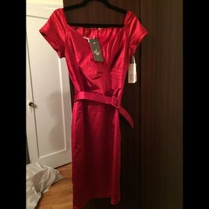 Lord & Taylor silk satin belted red dress off shoulder with belt NWT 4